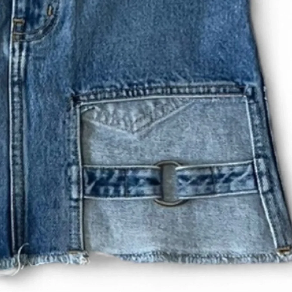 Carmar Los Angeles blue denim buckle cutout mini skirt, size 25. Distressed.